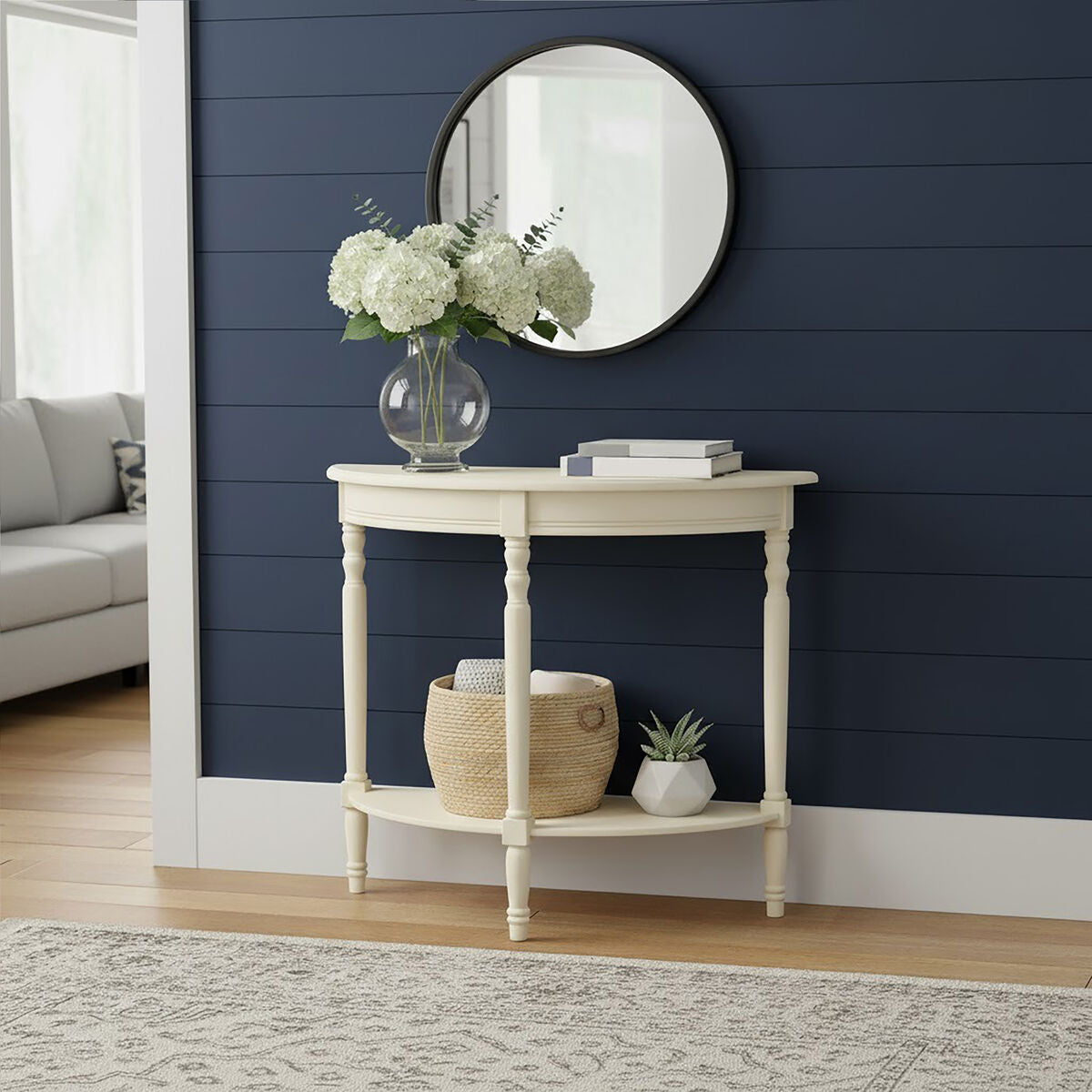 White Wooden Ivory Rounded Console Table, Heritage