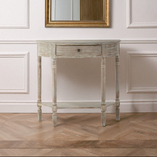Natural Wash Half Moon Wooden Console Table with Storage Drawer, Heritage