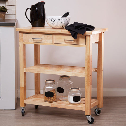 Brown Tropical Hevea Wood Kitchen Trolley with Storage Drawers, Harlow Glenn