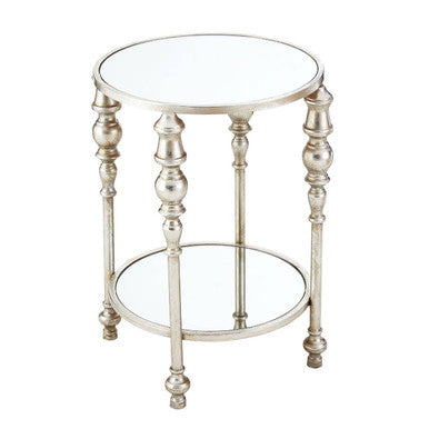 Mirrored Glass Top Two-Tier Side Table with Silver Metal Legs, Marcia