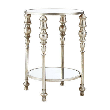 Mirrored Glass Top Two-Tier Side Table with Silver Metal Legs, Marcia