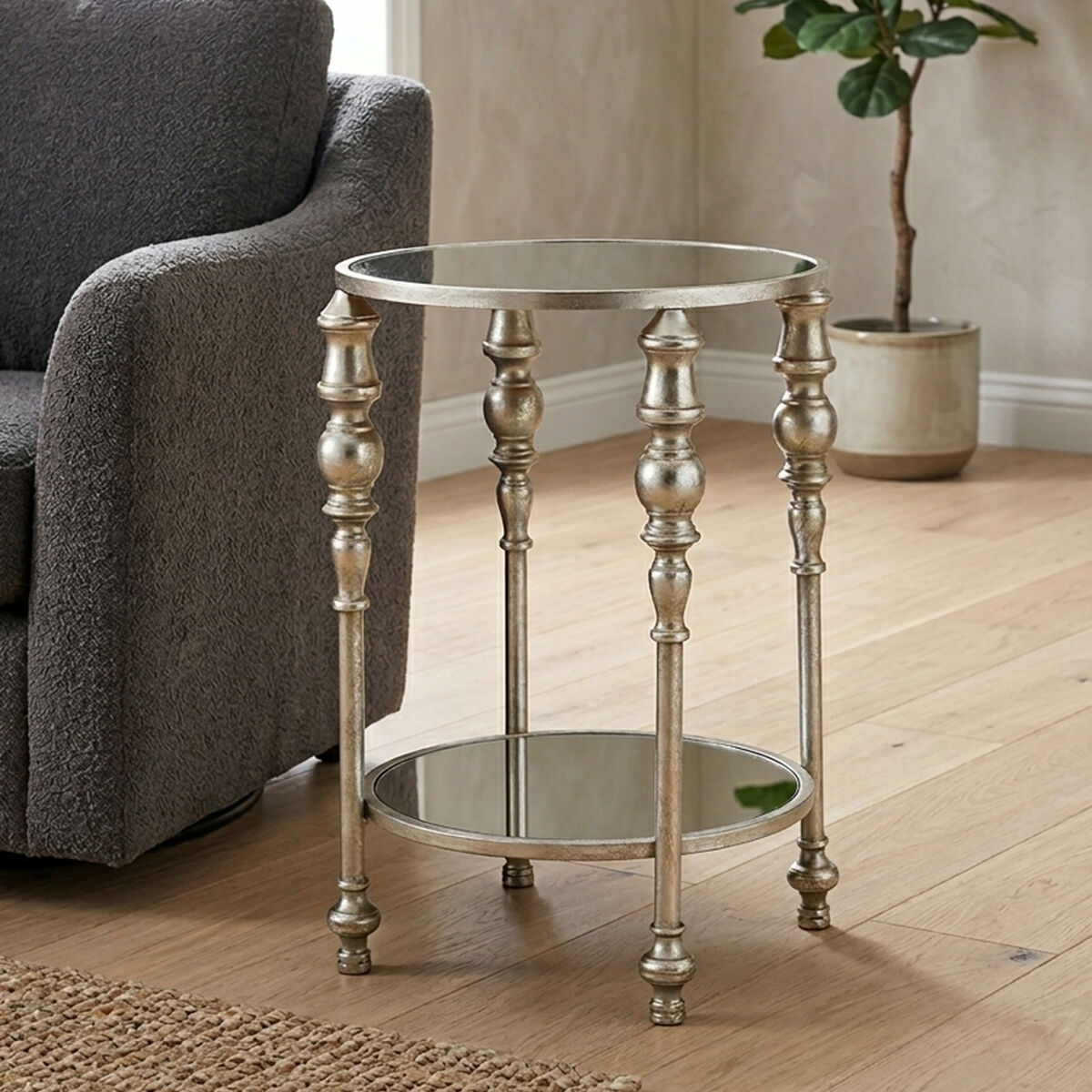 Mirrored Glass Top Two-Tier Side Table with Silver Metal Legs, Marcia