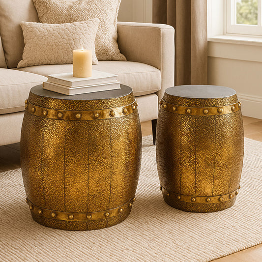 Gold Set of 2 Hammered Drum Stool and Table, Reza