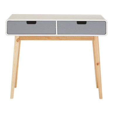 White Body Wooden Console Table with Grey Drawer Fronts and Natural Pine Wood Legs, Milo