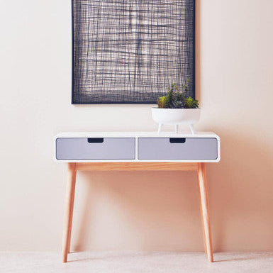 White Body Wooden Console Table with Grey Drawer Fronts and Natural Pine Wood Legs, Milo