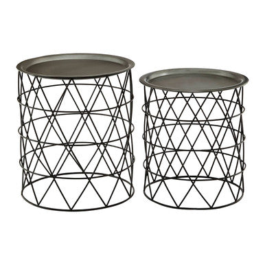 Set of Two Round Zinc Top Coffee Table Pair with Black Iron Cylindrical Bases | Templar