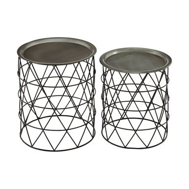 Set of Two Round Zinc Top Coffee Table Pair with Black Iron Cylindrical Bases | Templar