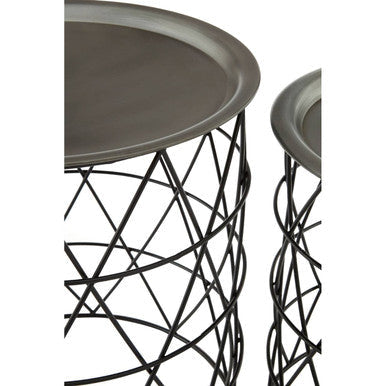 Set of Two Round Zinc Top Coffee Table Pair with Black Iron Cylindrical Bases | Templar
