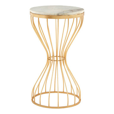 White Marble Round Top Side Table with Gold Iron Hourglass Iron Base, Templar