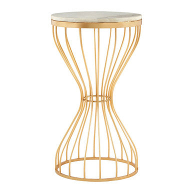 White Marble Round Top Side Table with Gold Iron Hourglass Iron Base, Templar