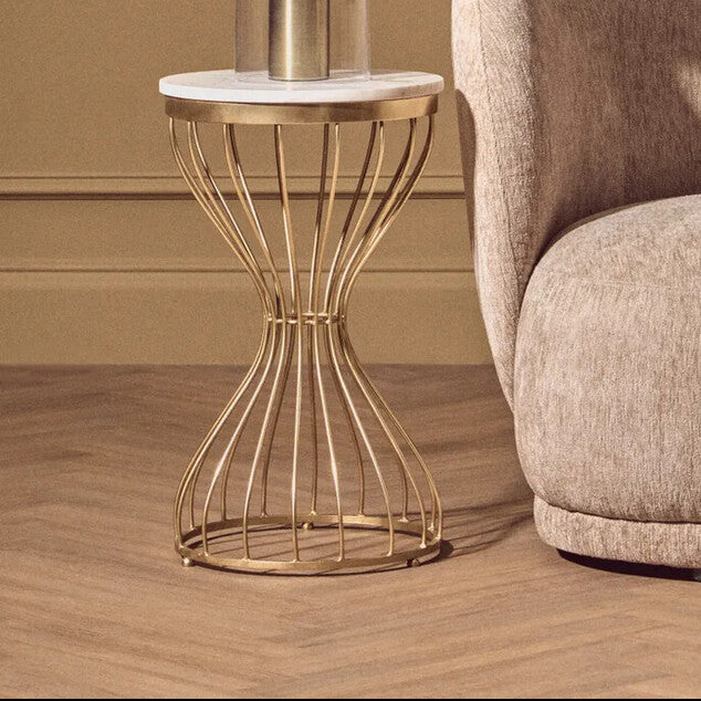 White Marble Round Top Side Table with Gold Iron Hourglass Iron Base, Templar
