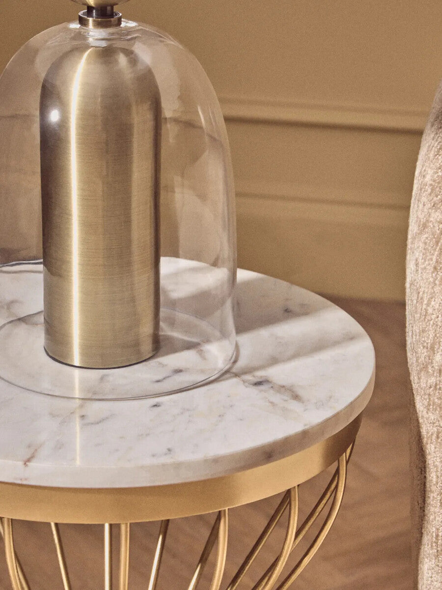 White Marble Round Top Side Table with Gold Iron Hourglass Iron Base, Templar
