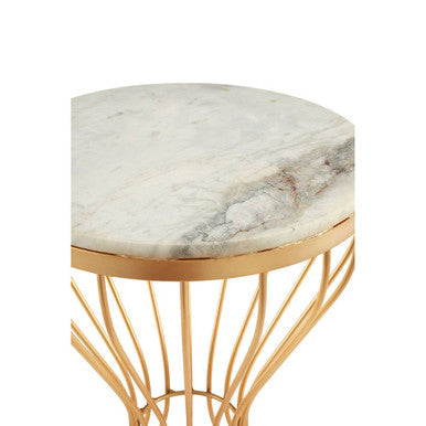 White Marble Round Top Side Table with Gold Iron Hourglass Iron Base, Templar