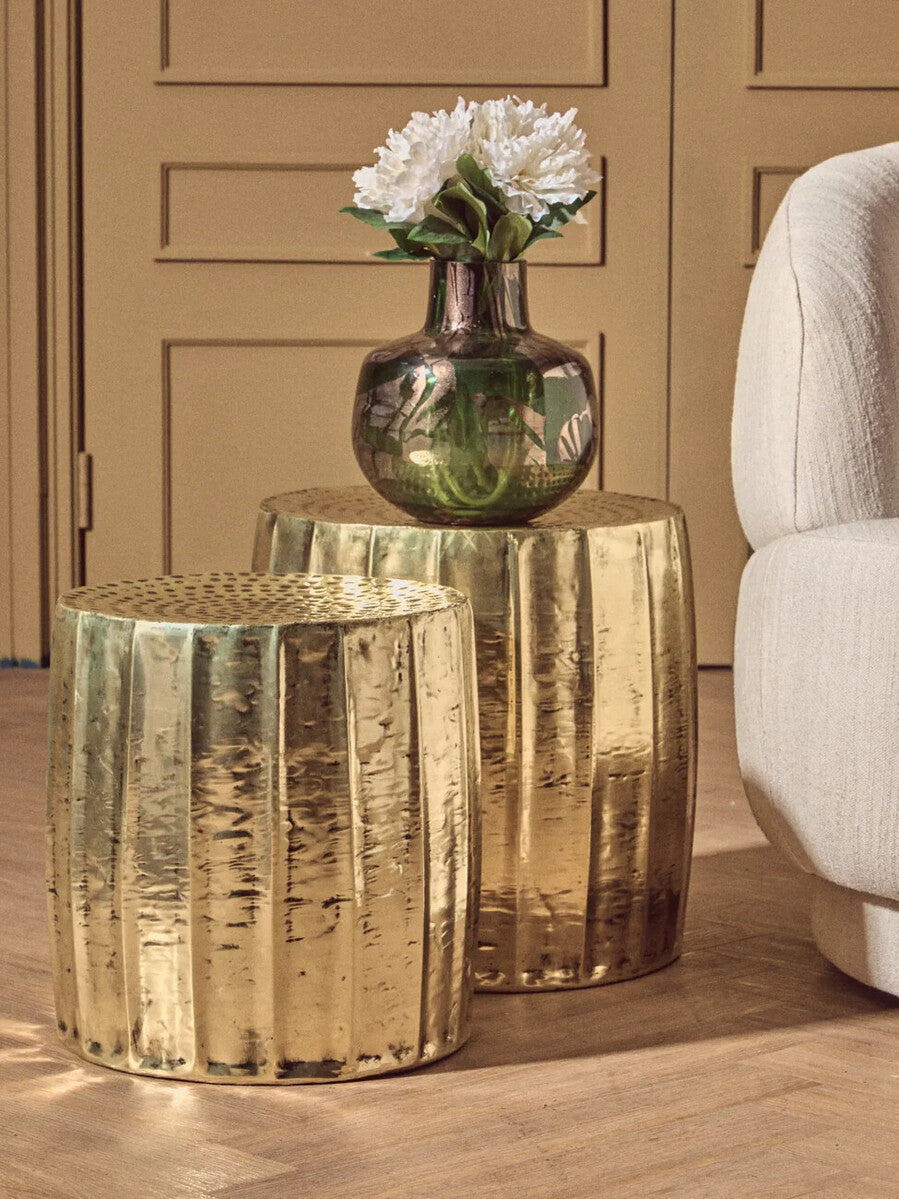 Gold Set of 2 Antique Brass Side Table and Stool, Templar