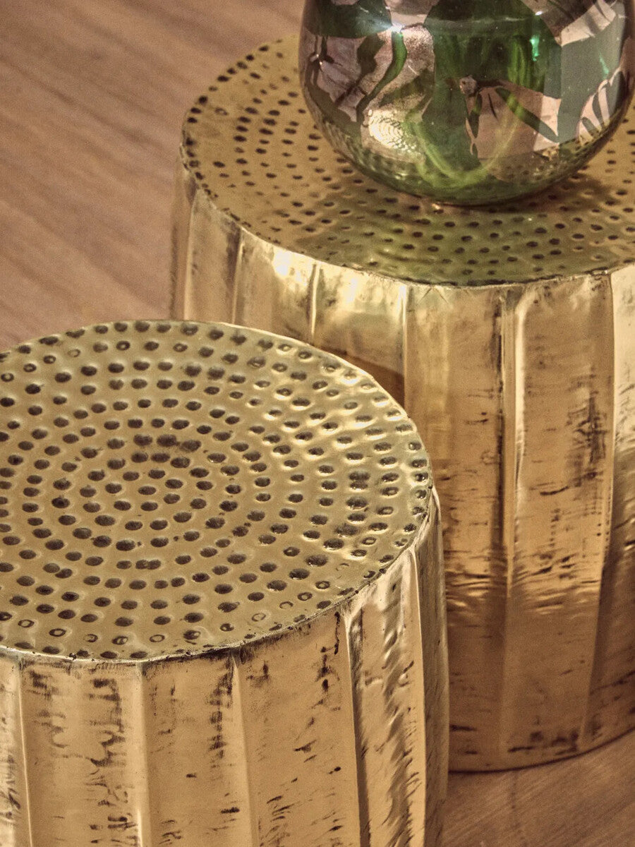 Gold Set of 2 Antique Brass Side Table and Stool, Templar