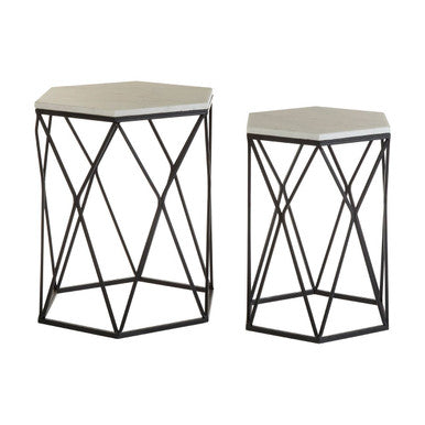 White Marble Top and Black Metal Frame Set of 2 Hexagonal Side Tables | Arcana
