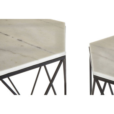 White Marble Top and Black Metal Frame Set of 2 Hexagonal Side Tables | Arcana