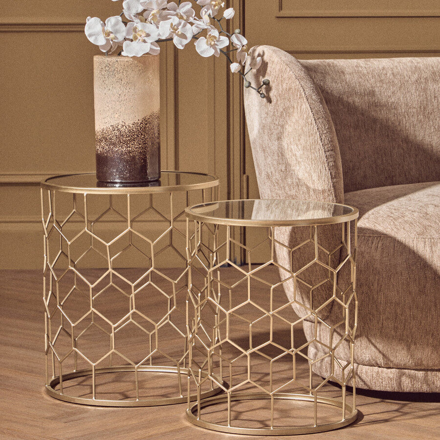 Set of 2 Mirrored Glass Top Honeycomb Side Tables with Gold Metal Frame | Arcana