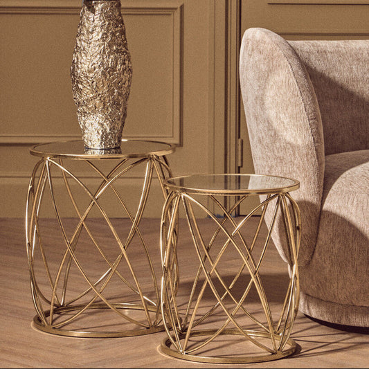 Set of 2 Round Mirrored Glass Top Side Tables with Gold Metal Frame, Arcana