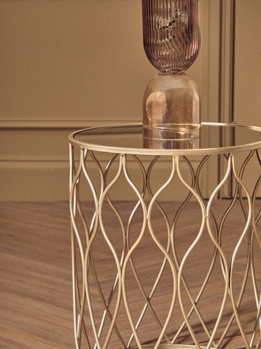Set of 2 Mirrored Glass Top Side Tables with Gold Metal Frame | Arcana