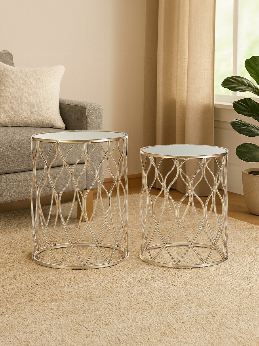 Set of 2 Mirrored Glass Top Side Tables with Gold Metal Frame | Arcana