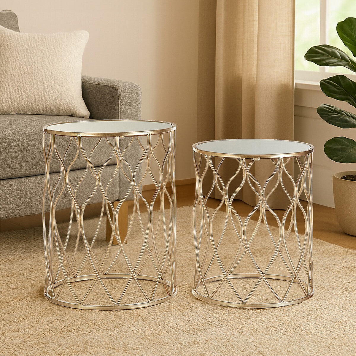 Set of 2 Mirrored Glass Top Side Tables with Gold Metal Frame | Arcana