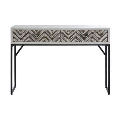 Natural Wood 2-Drawer Console Table with Geometric Assorted Front and Black Metal Legs | Lombok