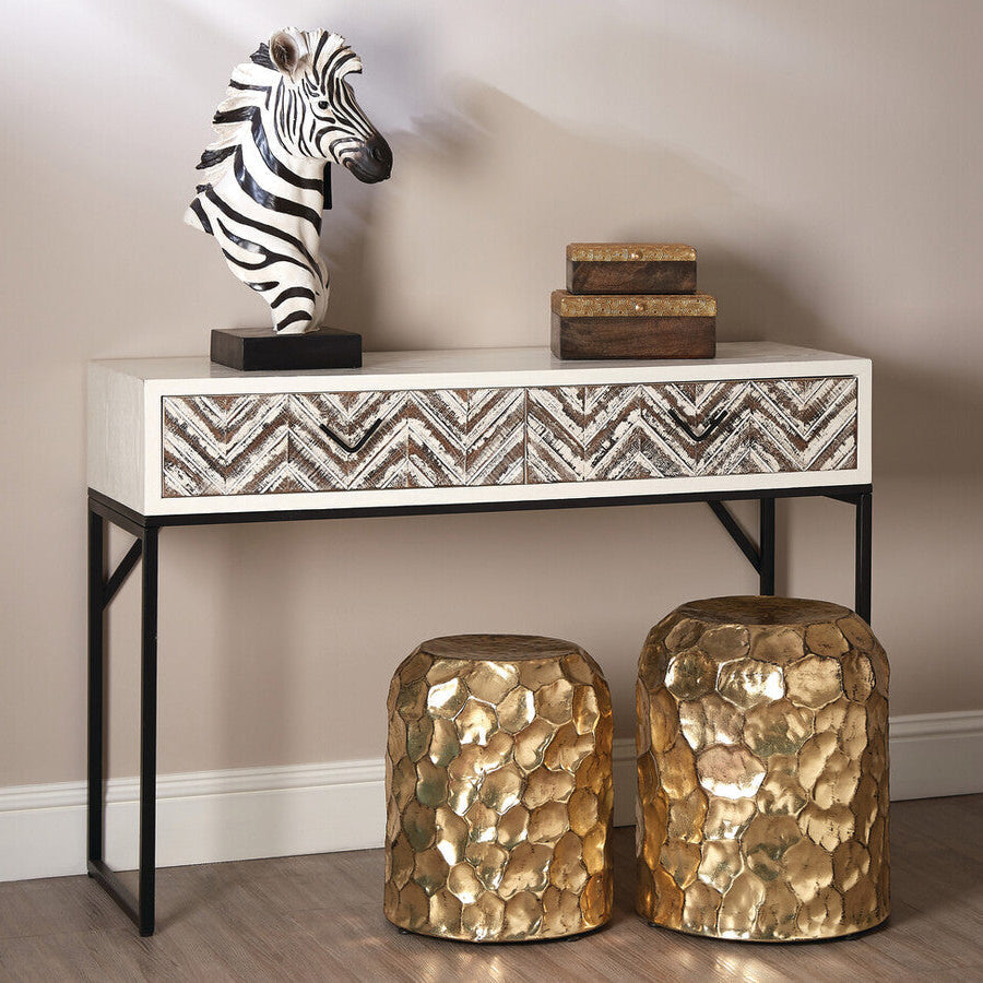 Natural Wood 2-Drawer Console Table with Geometric Assorted Front and Black Metal Legs | Lombok