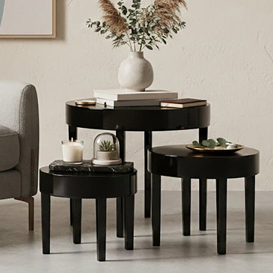 Set of Three Chunky Black High Gloss Round Tops Nesting Tables with Pine Wood Legs, Moritz