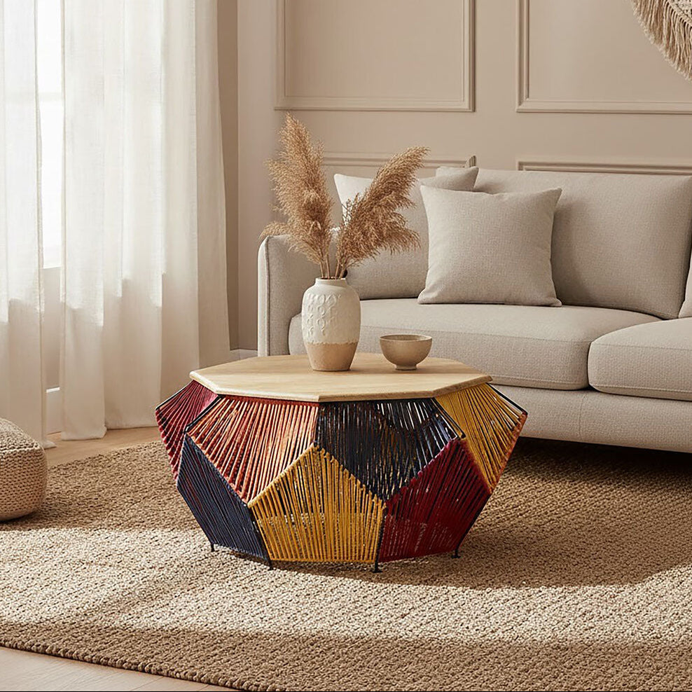 Multicoloured Woven Hexagon Base Coffee Table with Mango Wood Top | Fusion