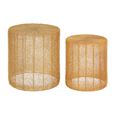 Set of 2 Gold Finish Open Weave Mesh Round Side Tables | Templar