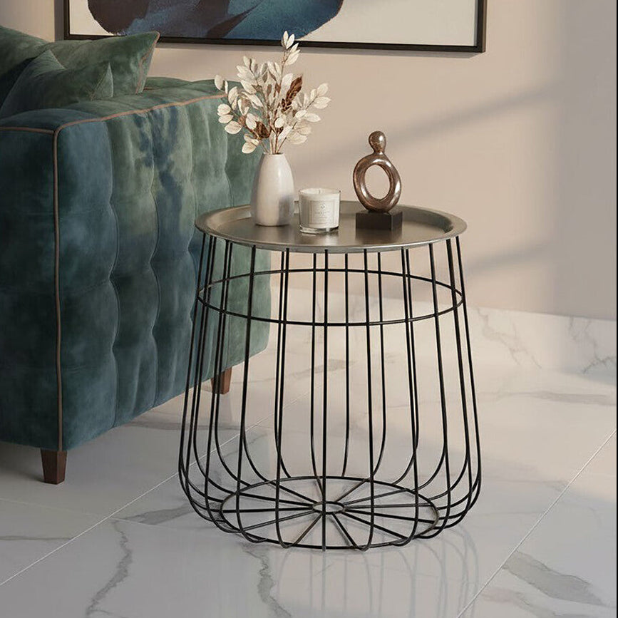 Silver Recessed Top Side Table with Black Wireframe Iron Base | Templar