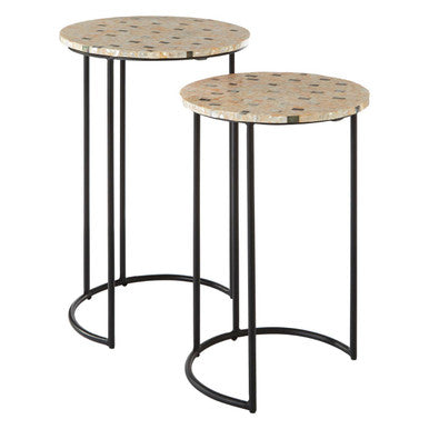 Set of 2 Mother of Pearl Mosaic Nesting Side Tables with Black Iron Legs | Halle