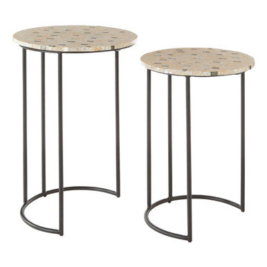 Set of 2 Mother of Pearl Mosaic Nesting Side Tables with Black Iron Legs | Halle