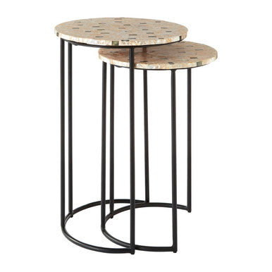 Set of 2 Mother of Pearl Mosaic Nesting Side Tables with Black Iron Legs | Halle