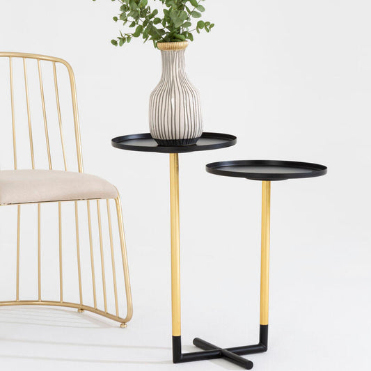 Black and Gold Metal 2-Tier Side Table with Intersecting Base Design, Halle