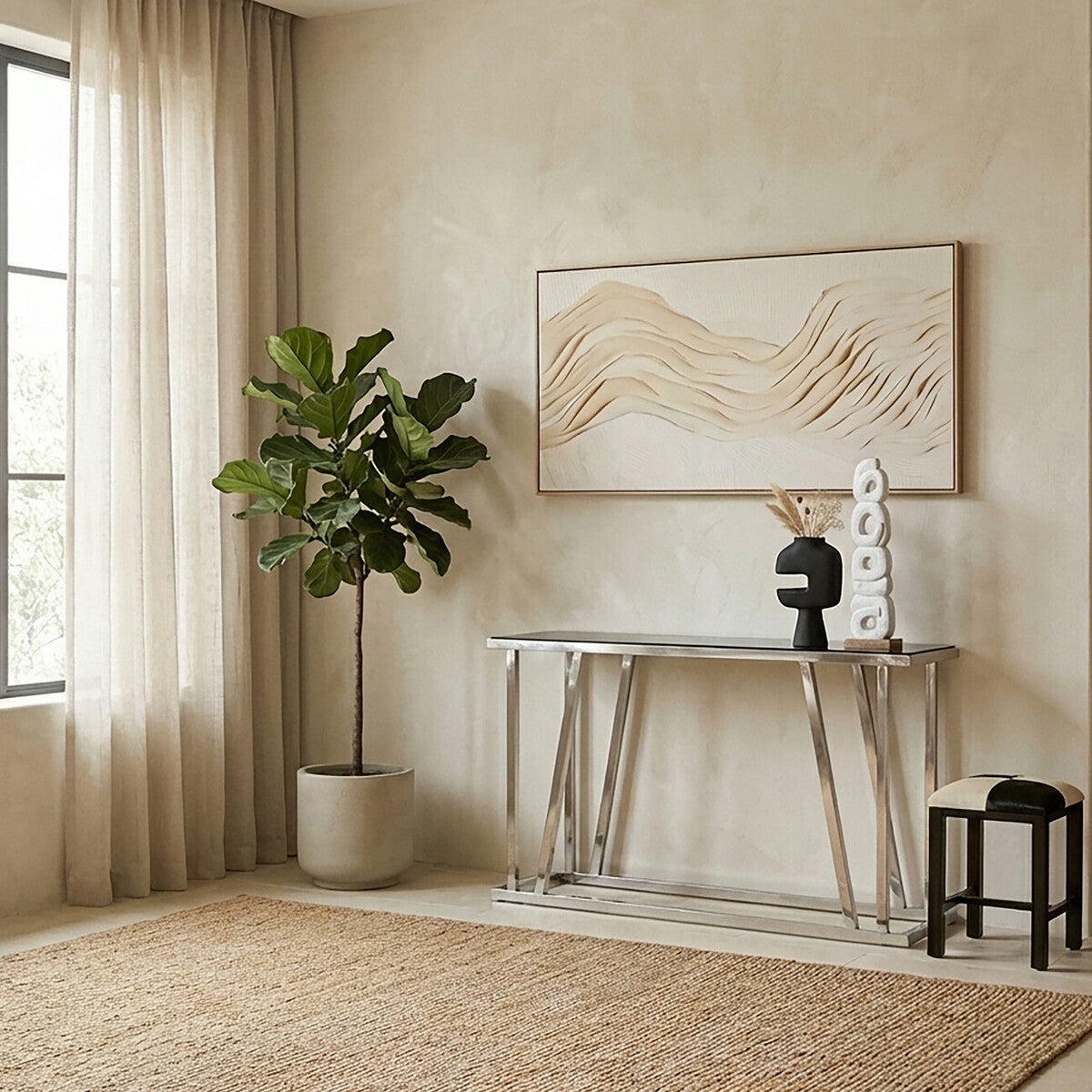 Black Tempered Glass Top Console Table with Reflective Chrome Silver Steel Base | Ackley
