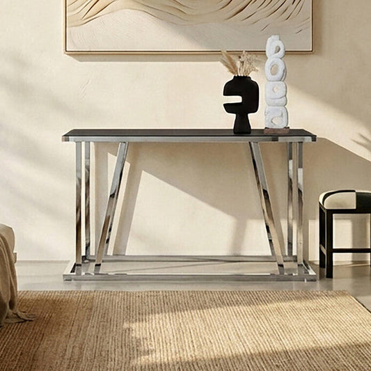Black Tempered Glass Top Console Table with Reflective Chrome Silver Steel Base, Ackley