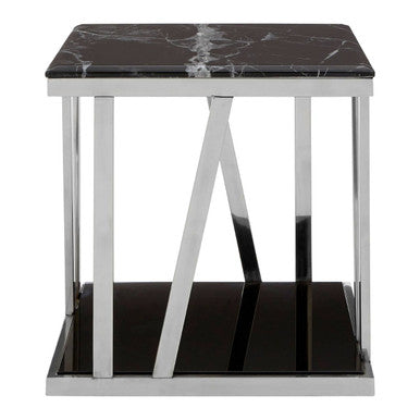 Black Marble Top Side Table with Silver Reflective Stainless Steel Base | Ackley
