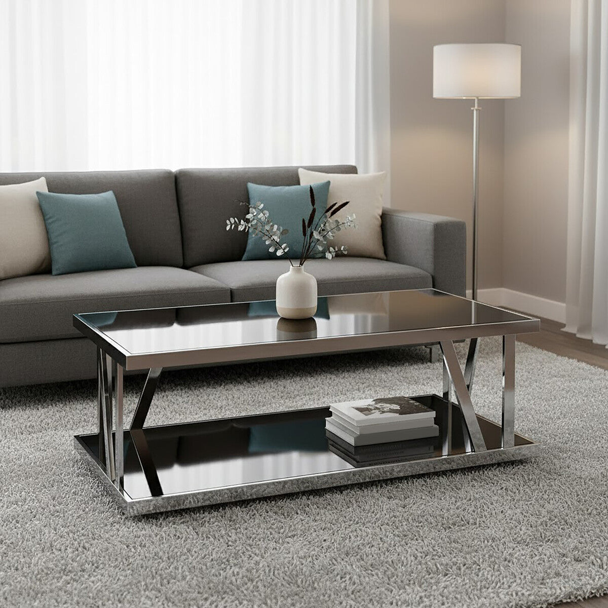 Ackley Silver Coffee Table With Black Glass
