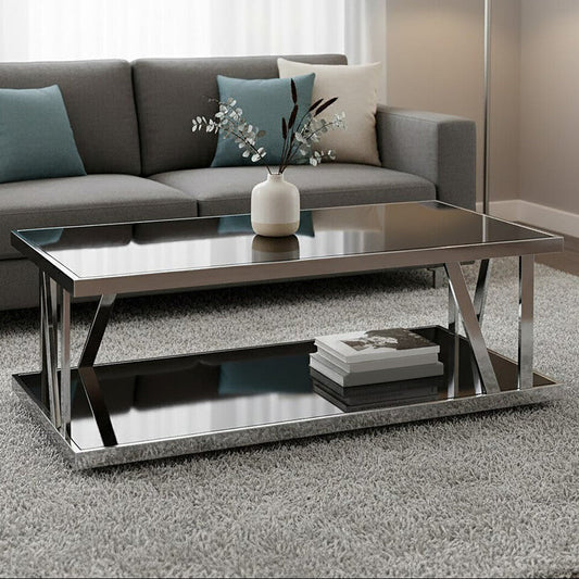 Black Tempered Glass Two-Tier Design Coffee Table with Silver Stainless Steel Frame, Ackley