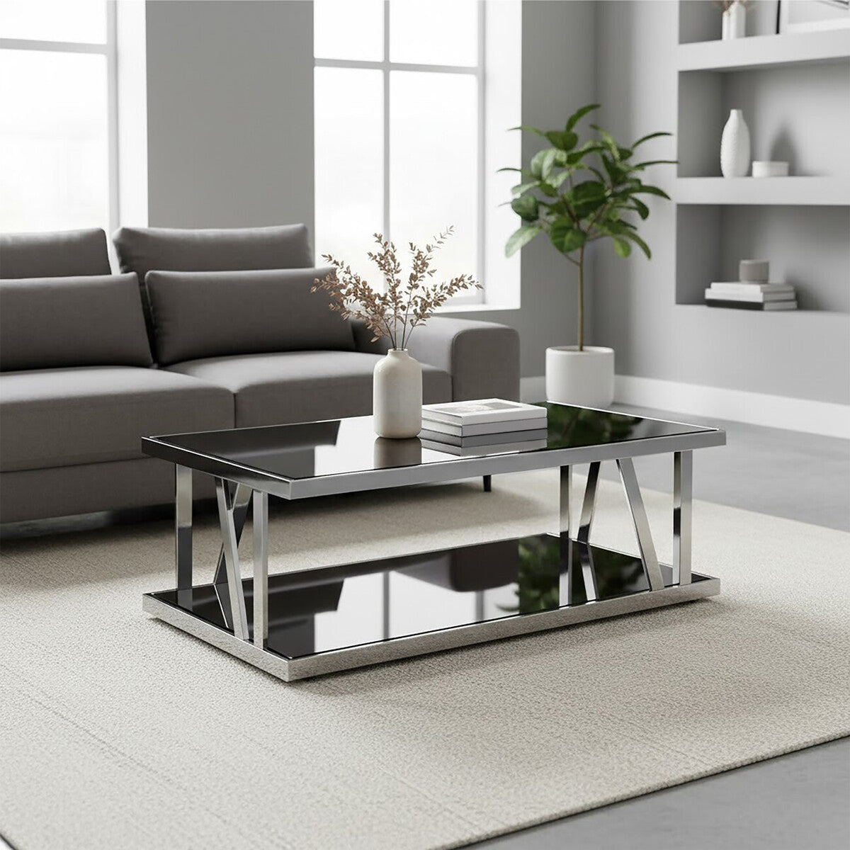 Black Tempered Glass Two-Tier Design Coffee Table with Silver Stainless Steel Frame | Ackley