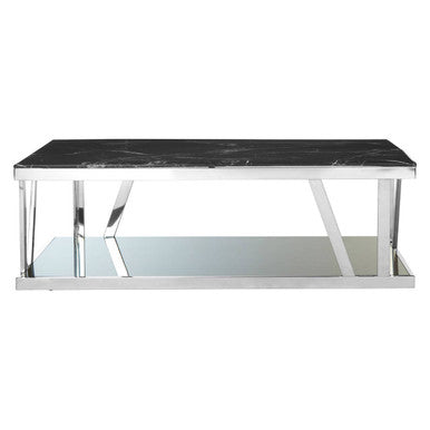 Black Marble Top and 1 Lower Shelf Coffee Table with Silver Stainless Steel Frame, Ackley