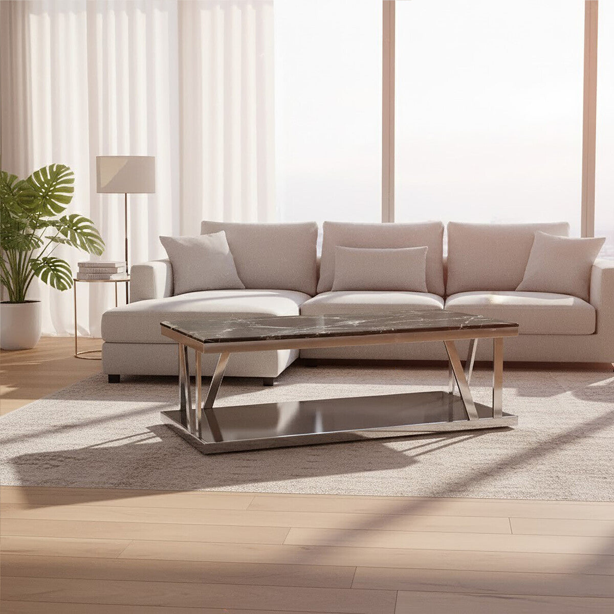 Black Marble Top and 1 Lower Shelf Coffee Table with Silver Stainless Steel Frame | Ackley