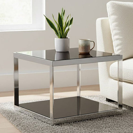 Black Tempered Glass Shelves Coffee Table with Silver Square Stainless Steel Frame, Ackley