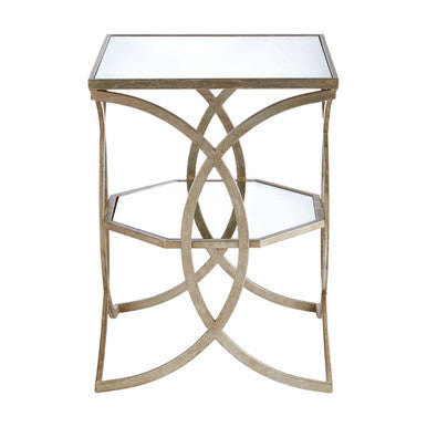 Tempered Glass Tops and 1 Lower Shelf Side Table with Silver Interlinked Geometric Metal Frame | Zariah