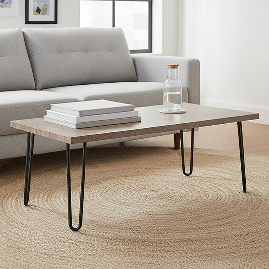 Natural Wood Effect Veneer Coffee Table with Black Metal Hairpin Legs, Borough