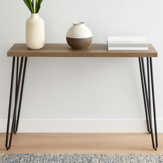 Natural Veneer Wooden Top Console Table with Hairpin Metal Legs | Borough