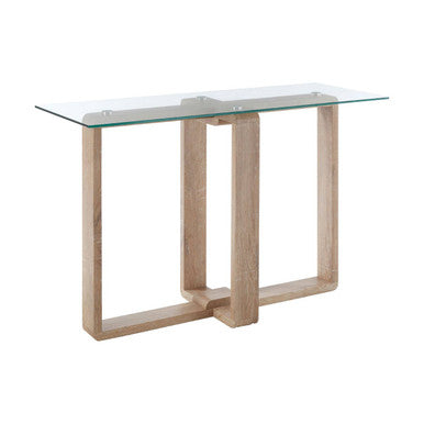 Clear Tempered Glass Top Console Table with Natural Wood Effect Legs | Barton
