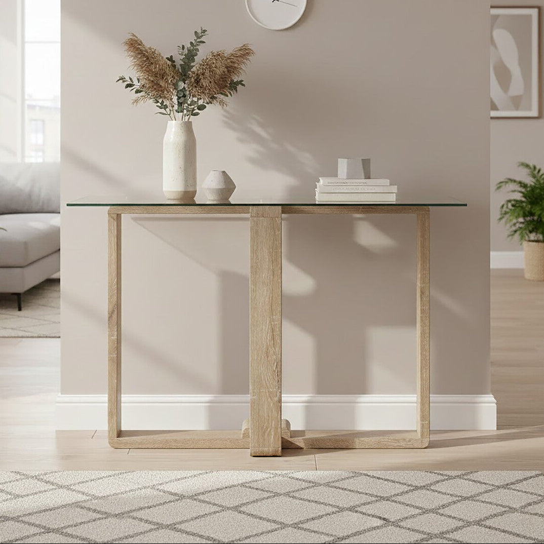Clear Tempered Glass Top Console Table with Natural Wood Effect Legs | Barton